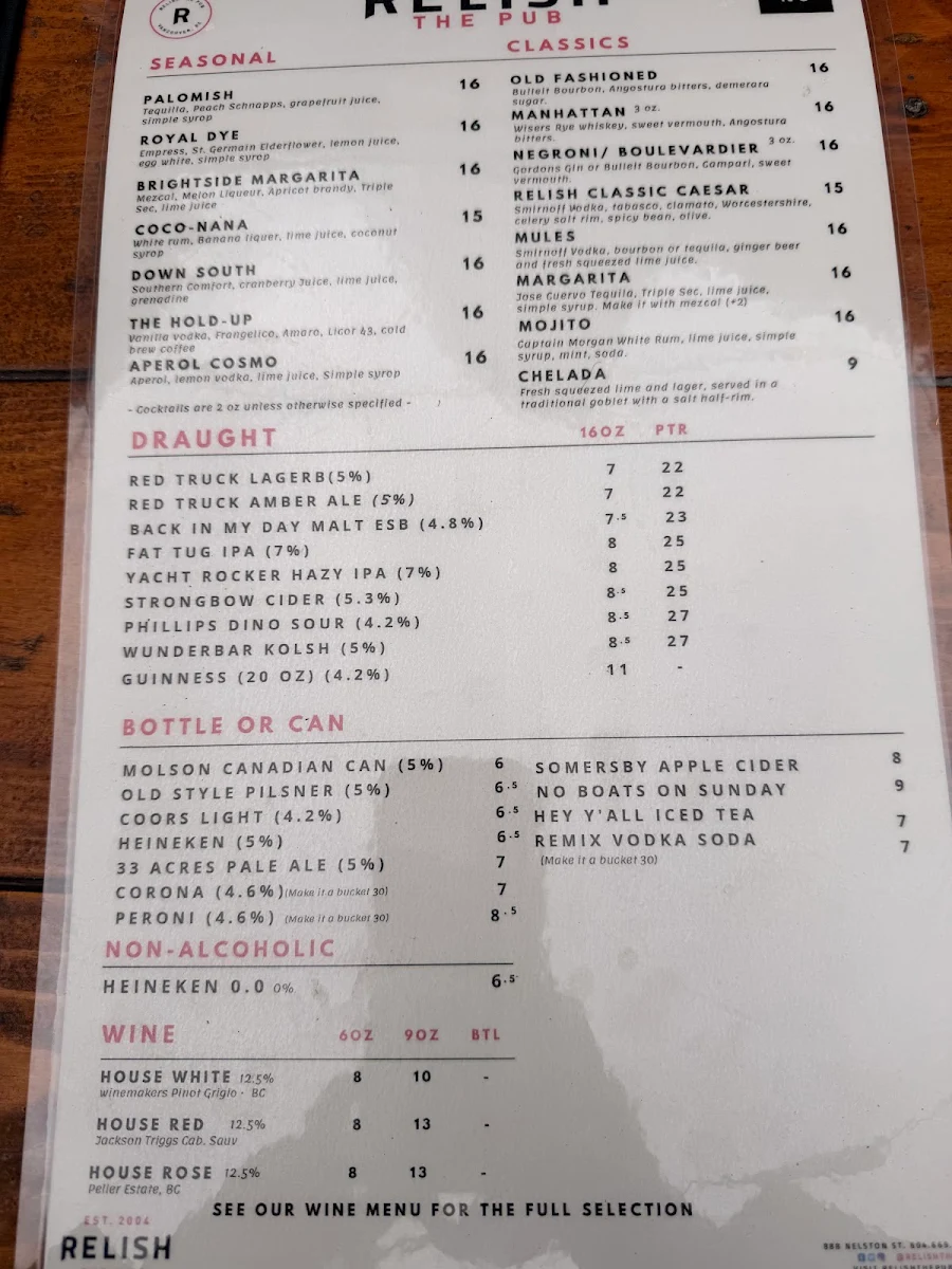 Menu, Relish The Pub