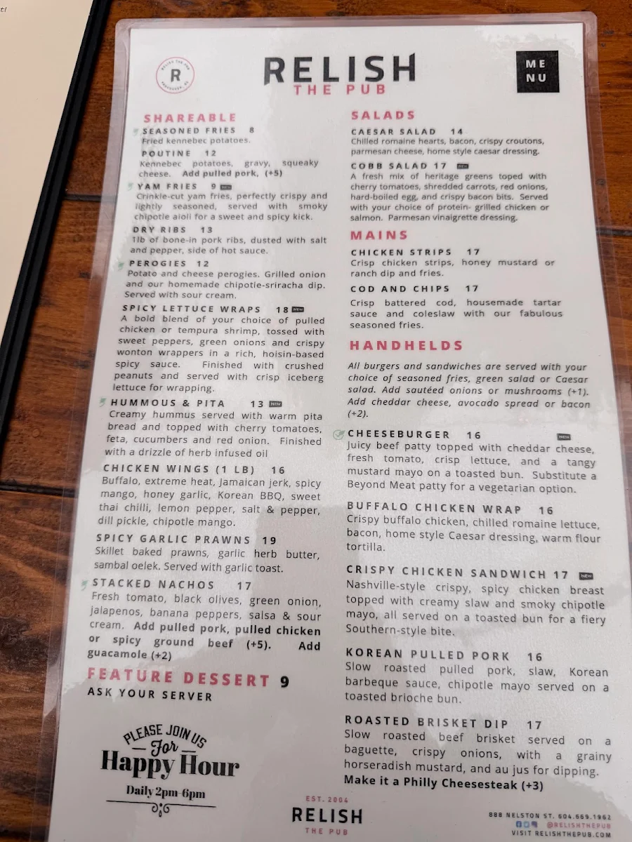 Menu, Relish The Pub