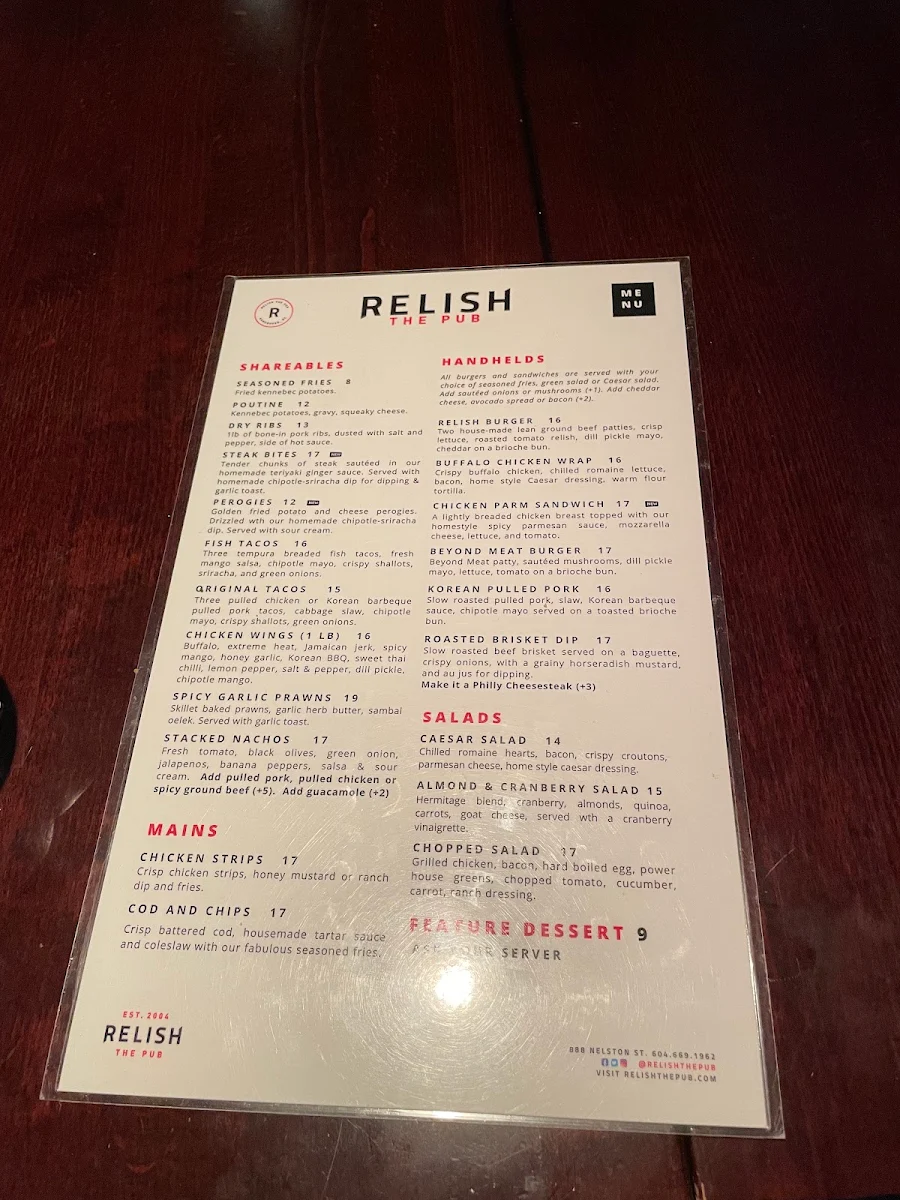 Menu, Relish The Pub