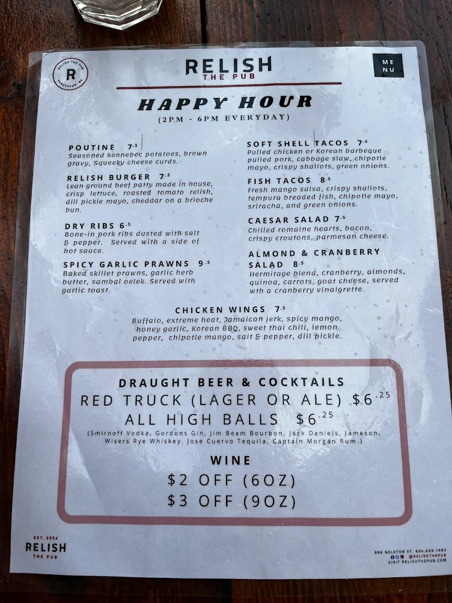 Menu, Relish The Pub
