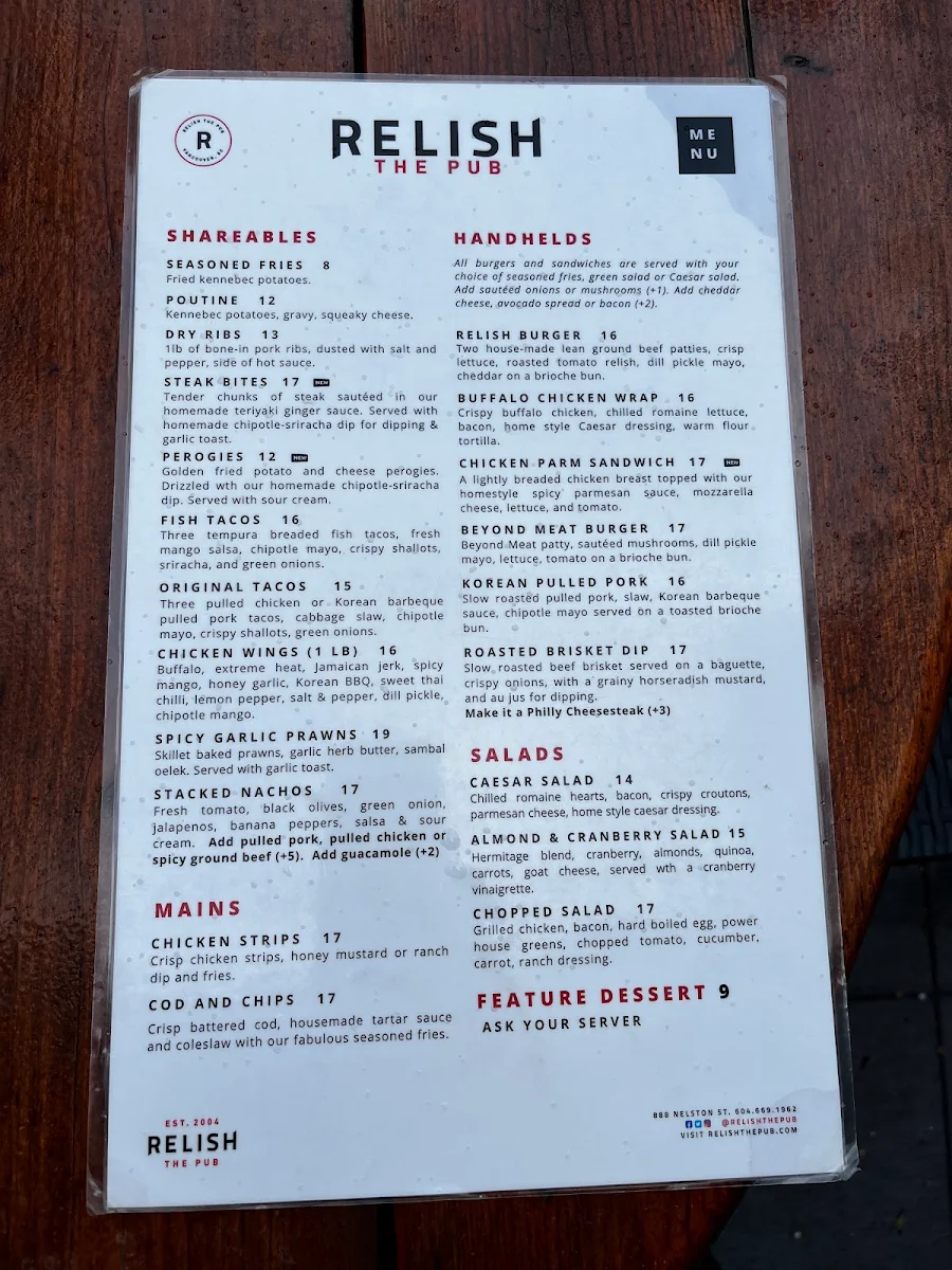 Menu, Relish The Pub