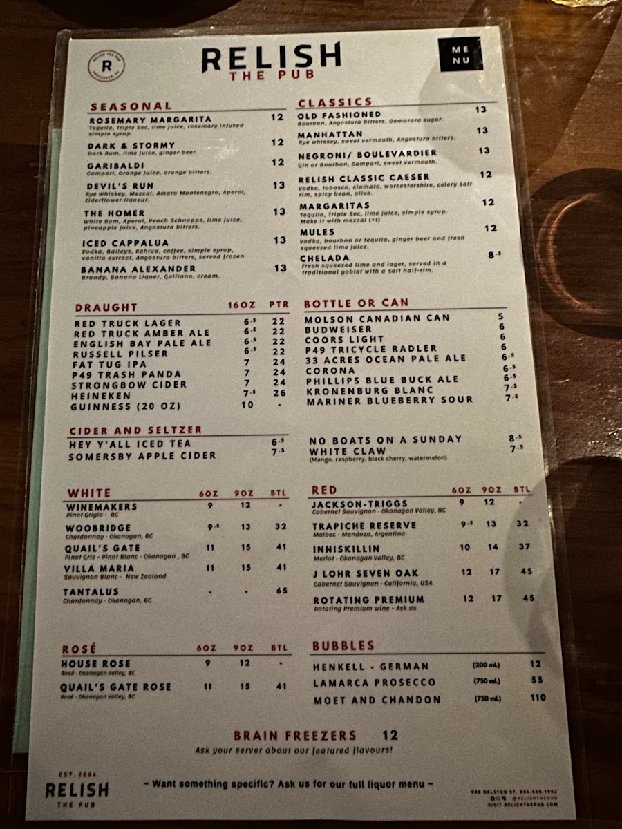 Menu, Relish The Pub