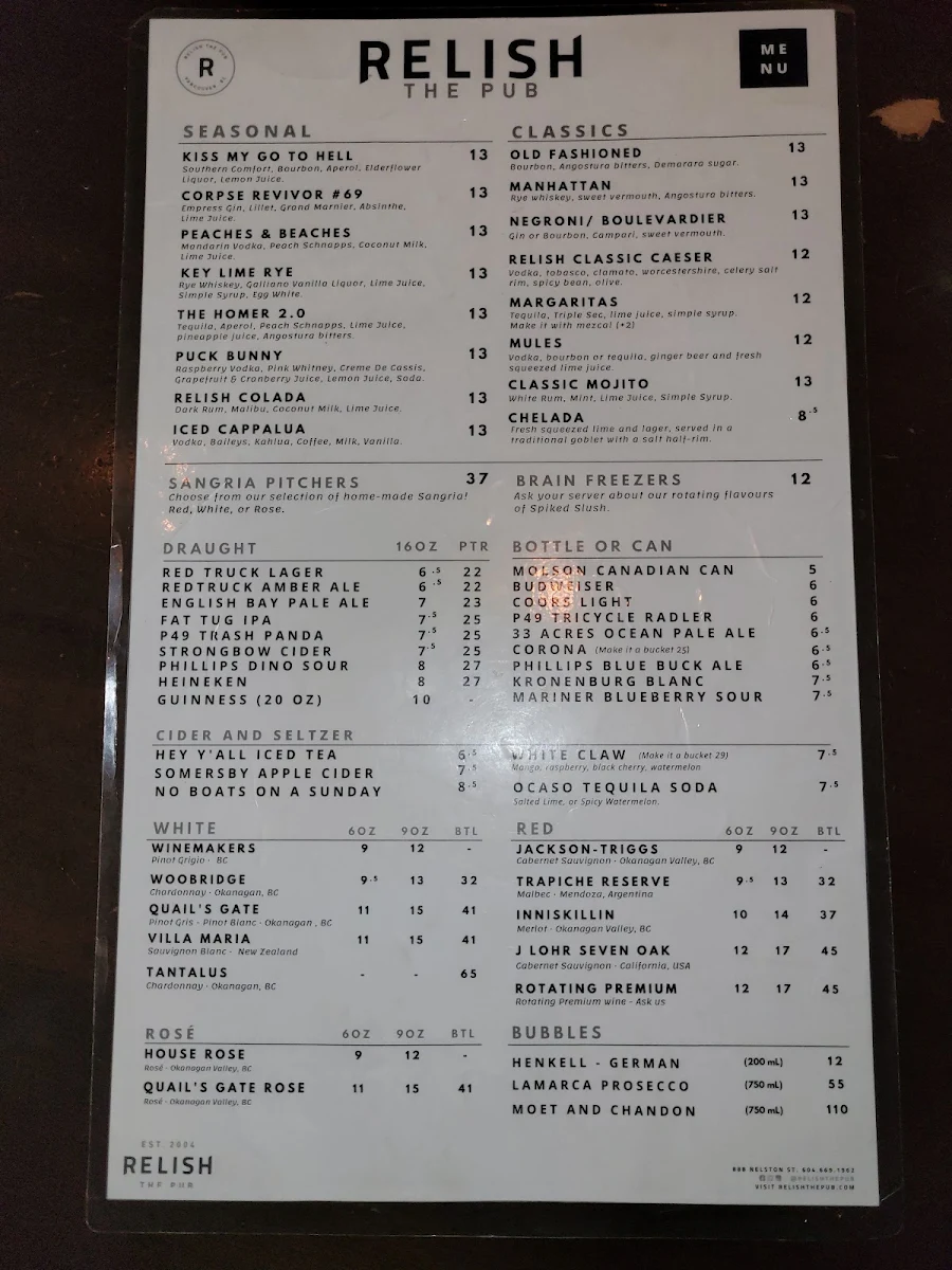 Menu, Relish The Pub