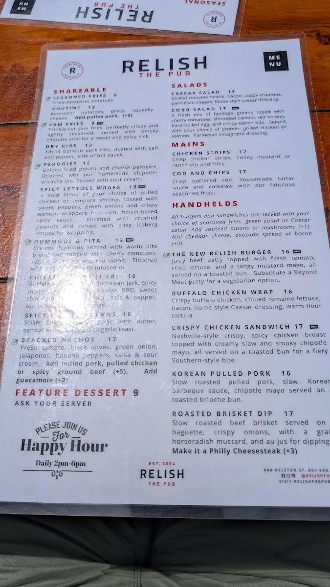 Menu, Relish The Pub