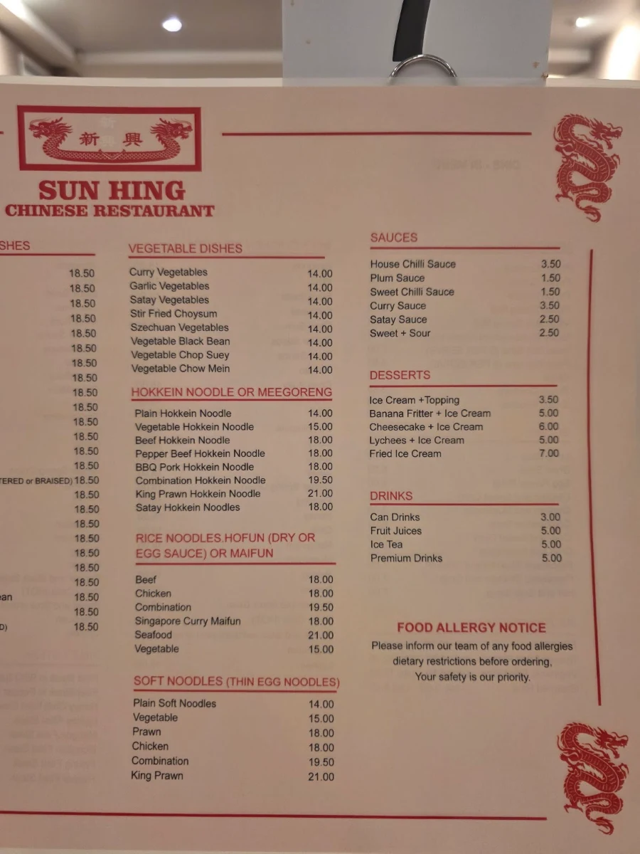 Menu, Sun Hing