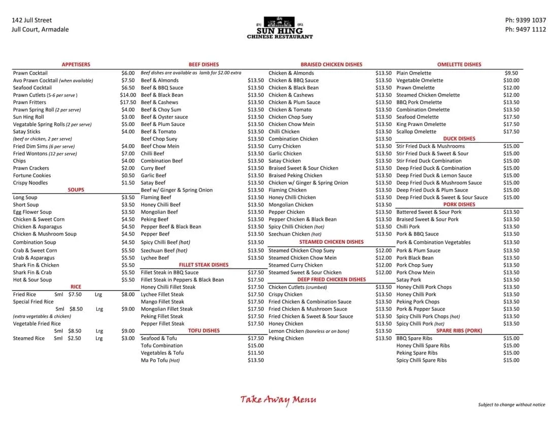 Menu, Sun Hing