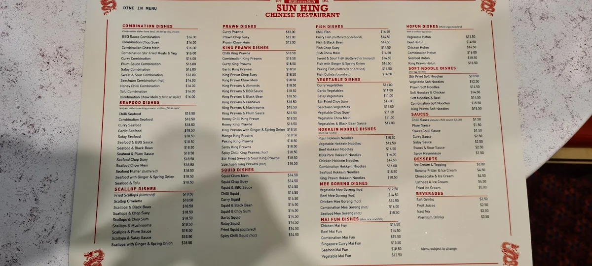 Menu, Sun Hing