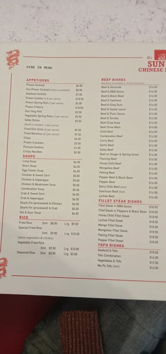 Menu, Sun Hing