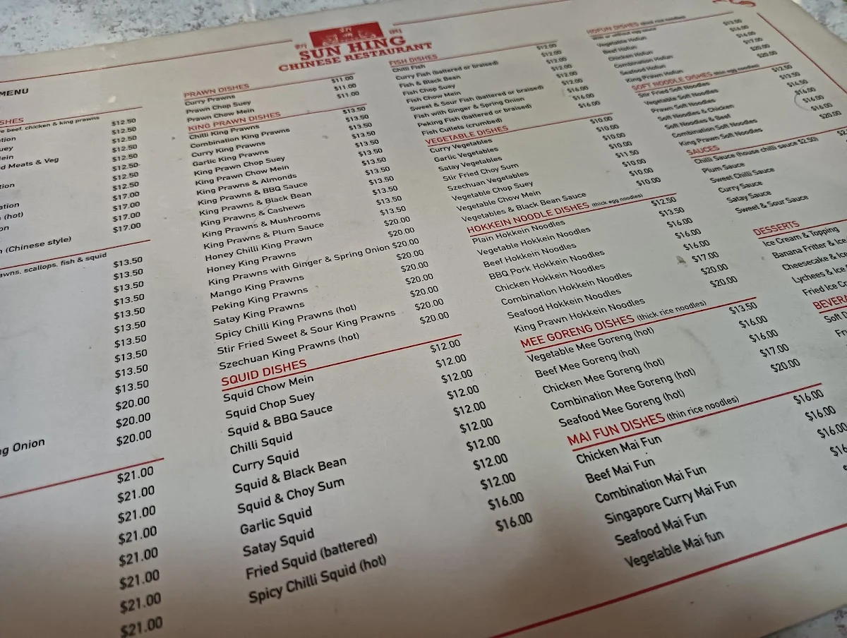 Menu, Sun Hing