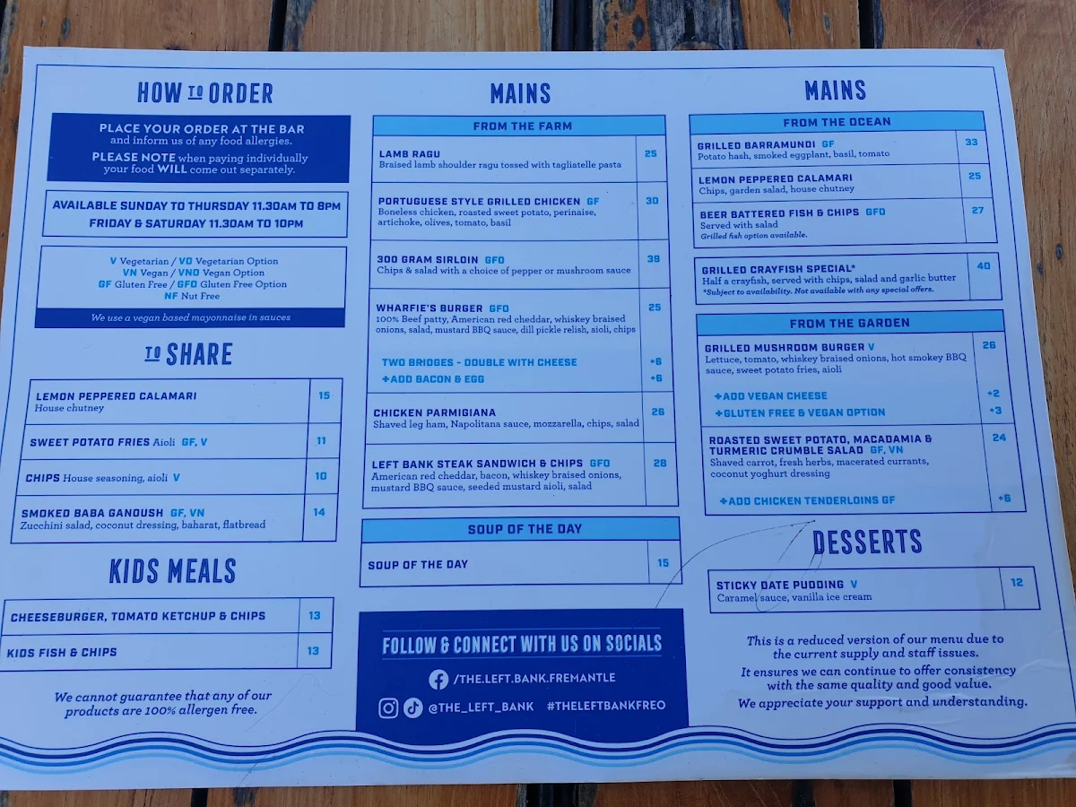 Menu, The Left Bank
