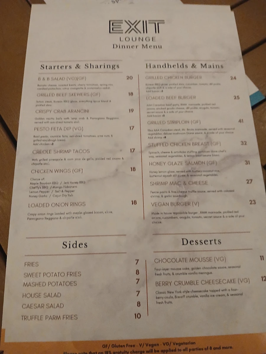 Menu, EXIT Lounge