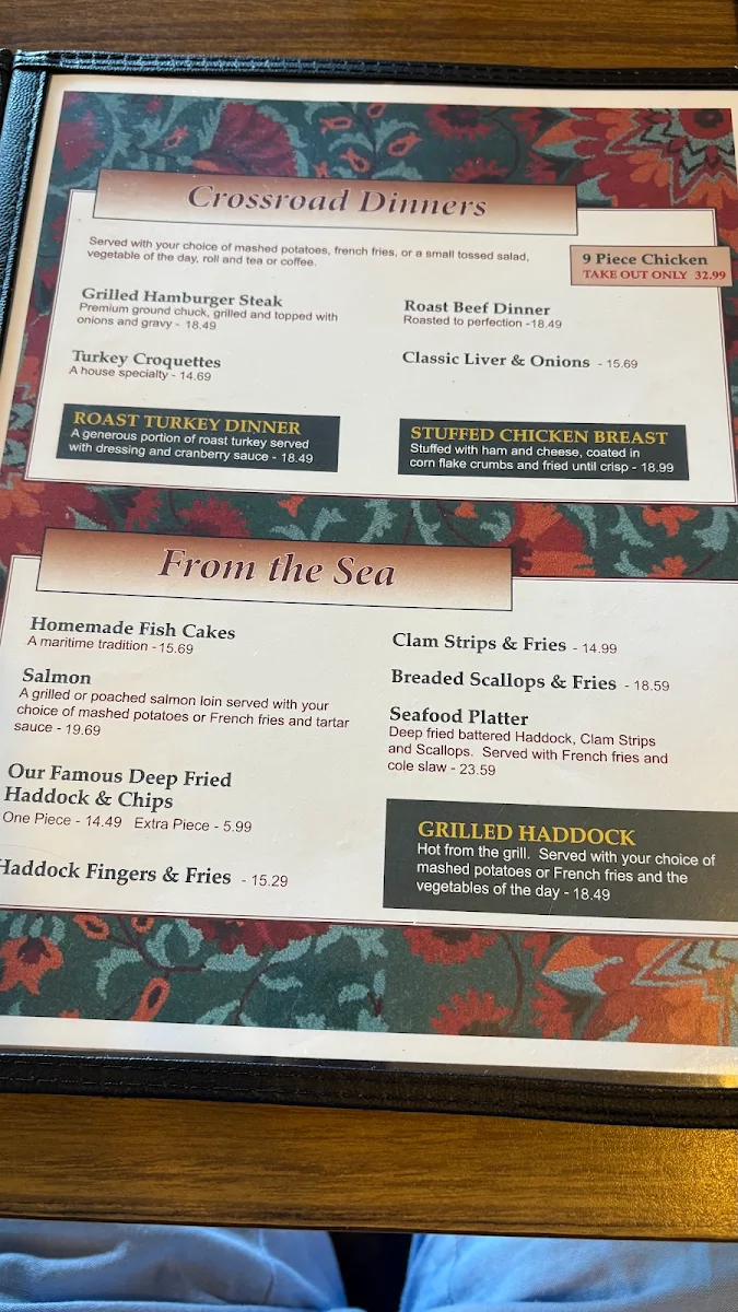 Menu, Crossroads Restaurant