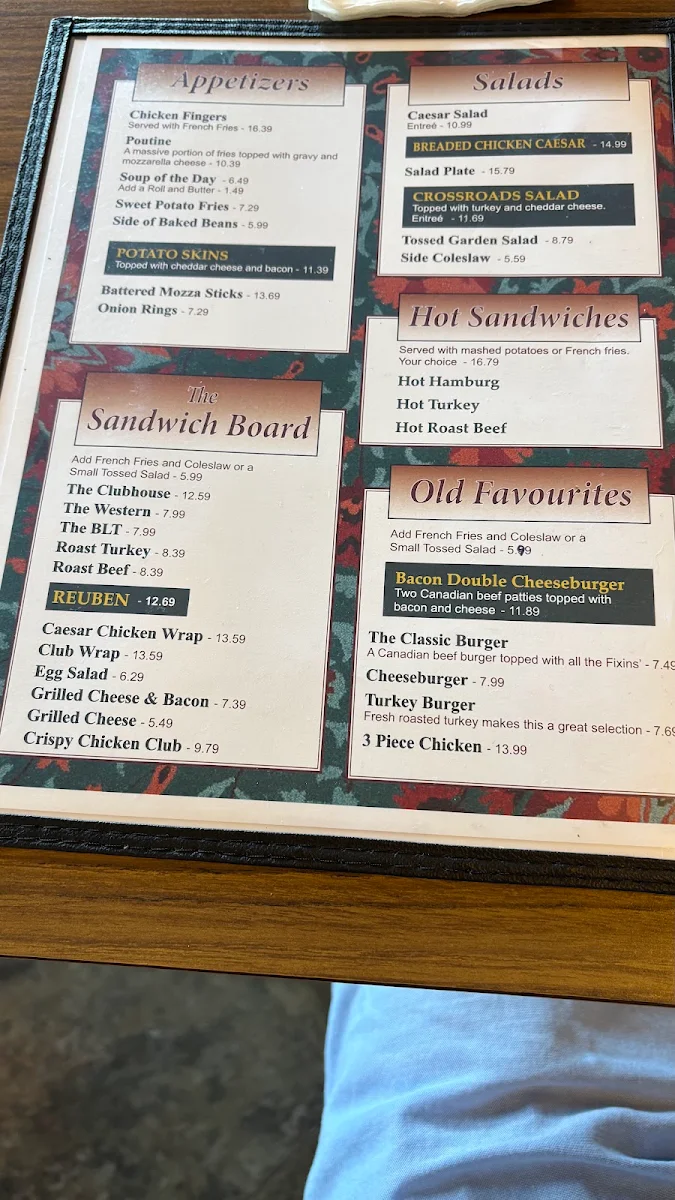 Menu, Crossroads Restaurant
