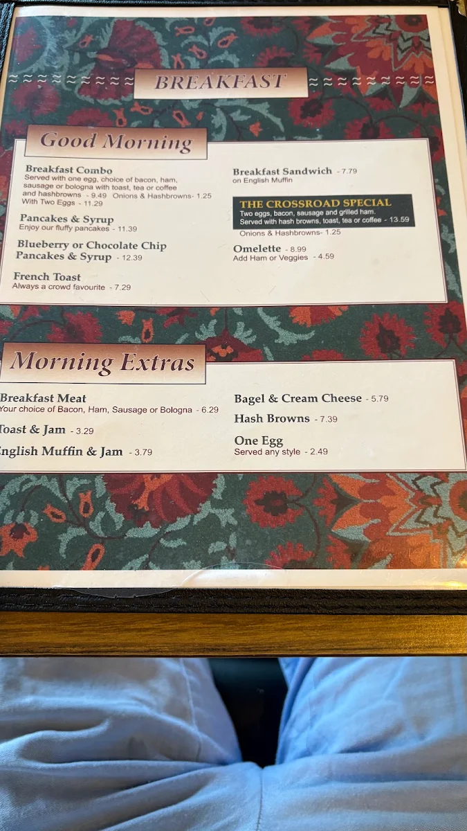 Menu, Crossroads Restaurant
