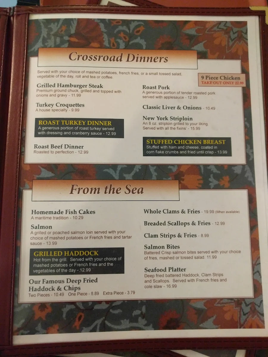 Menu, Crossroads Restaurant