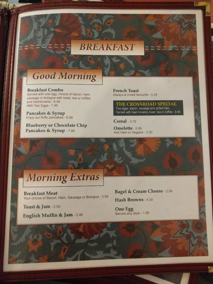 Menu, Crossroads Restaurant