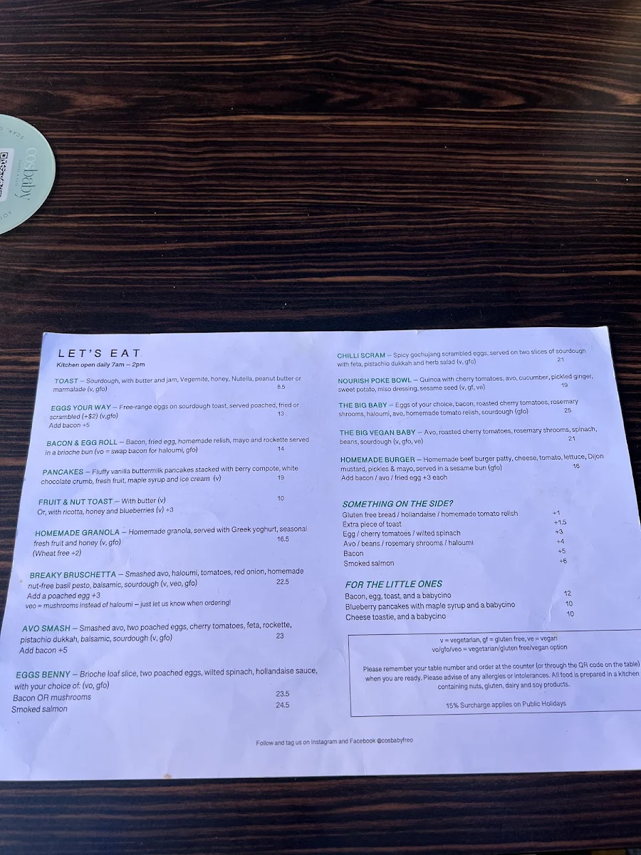 Menu, Cos Baby Freo