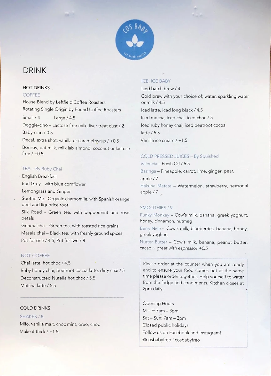 Menu, Cos Baby Freo