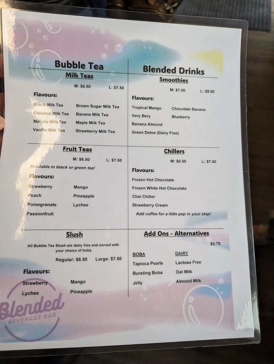 Menu, Blended Beverage Bar