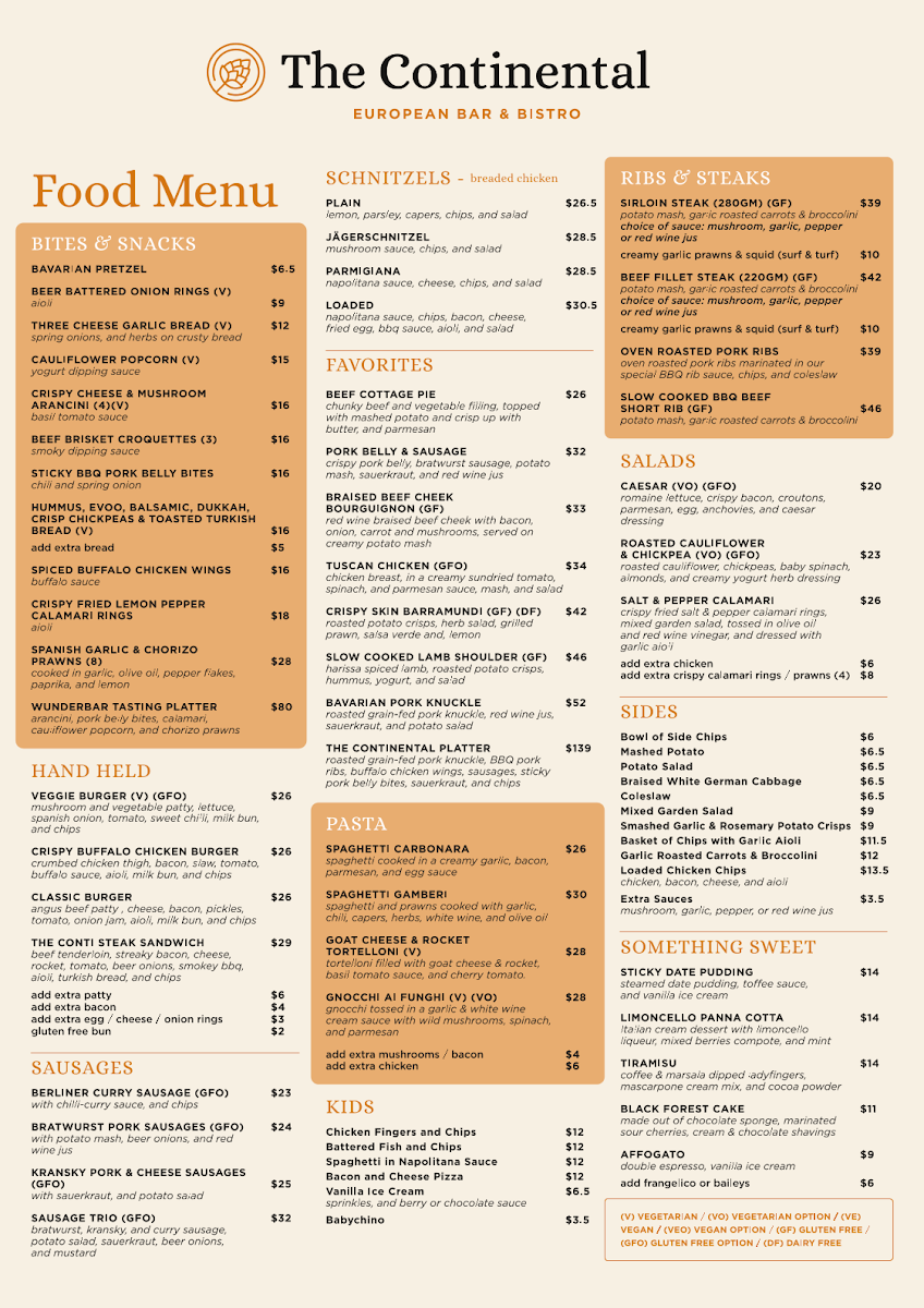 Menu, The Continental European Bar & Bistro