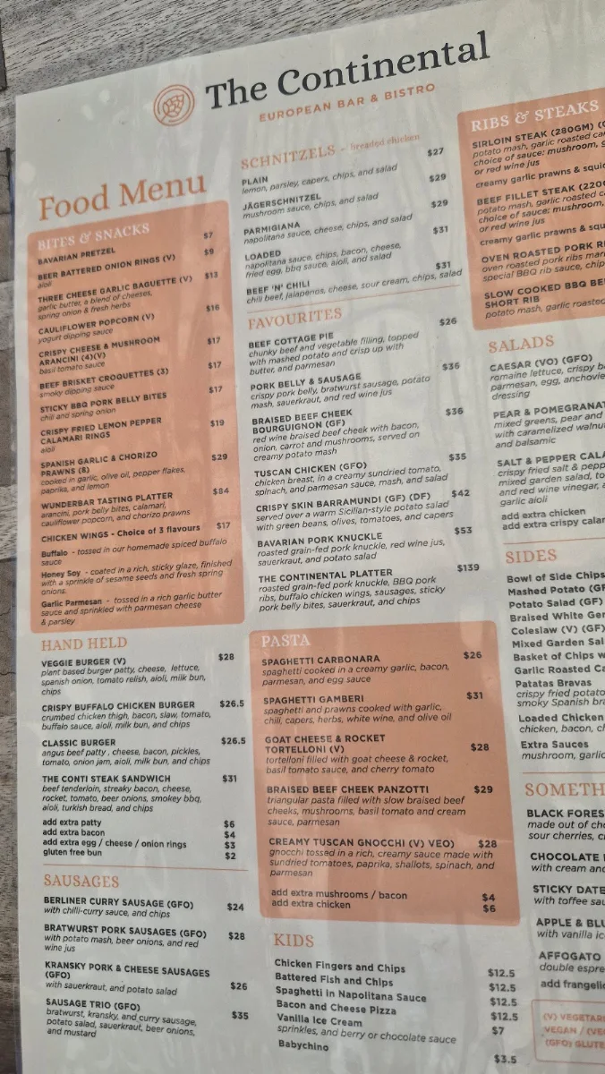 Menu, The Continental European Bar & Bistro