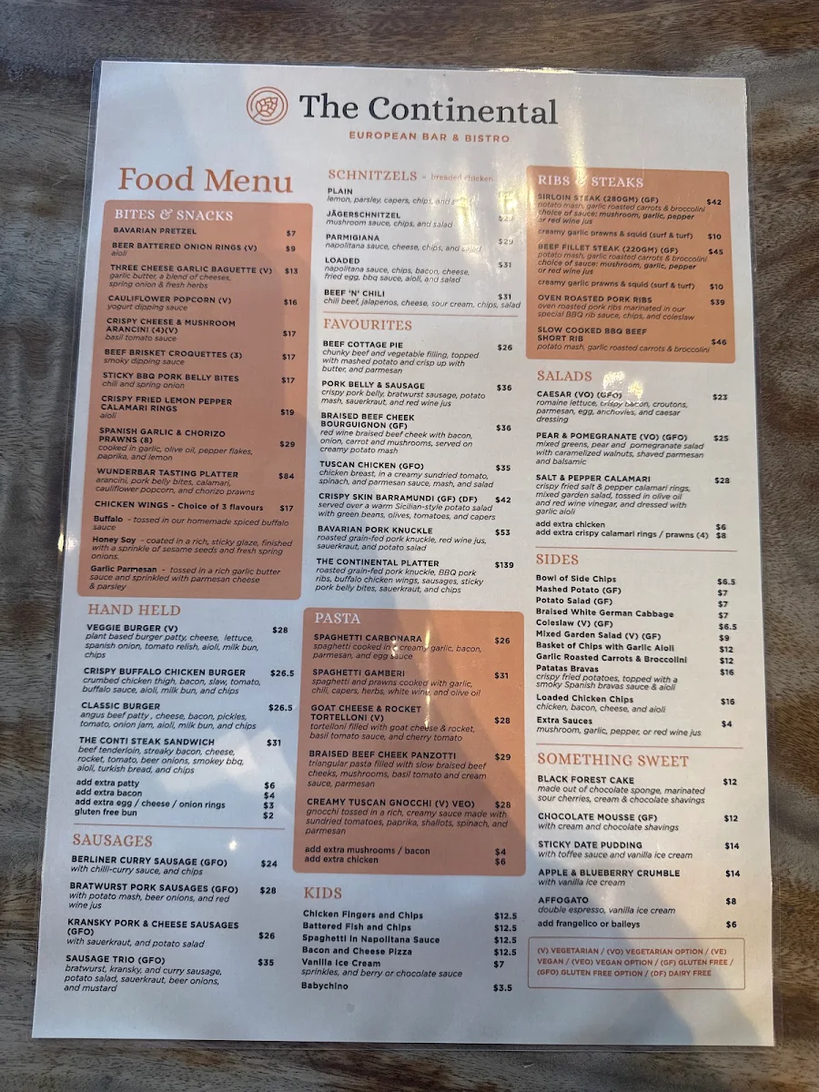 Menu, The Continental European Bar & Bistro