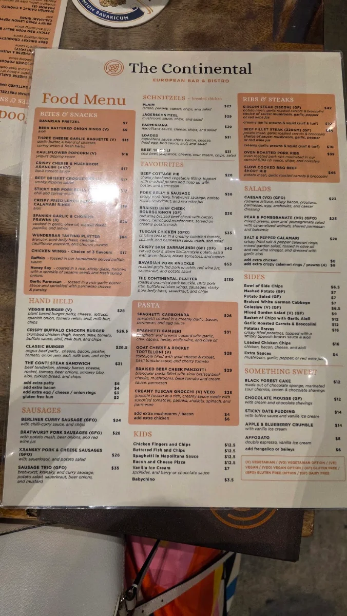 Menu, The Continental European Bar & Bistro