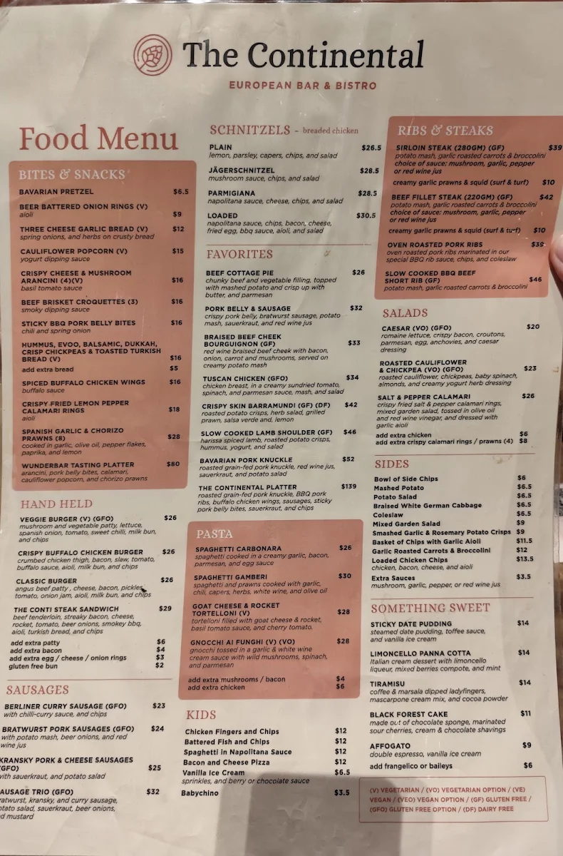 Menu, The Continental European Bar & Bistro