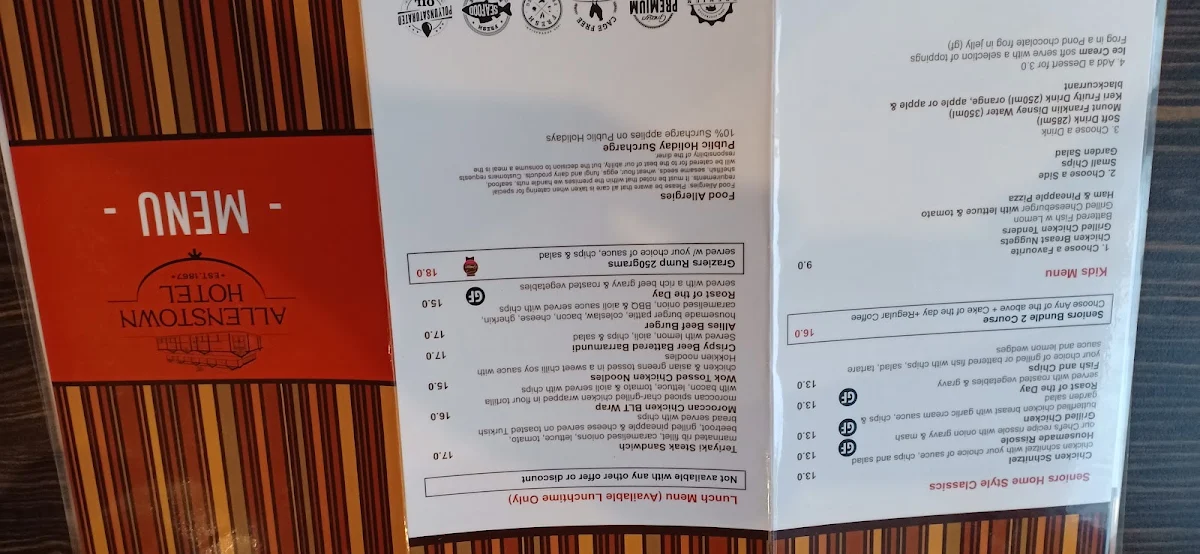 Menu, Allenstown Hotel