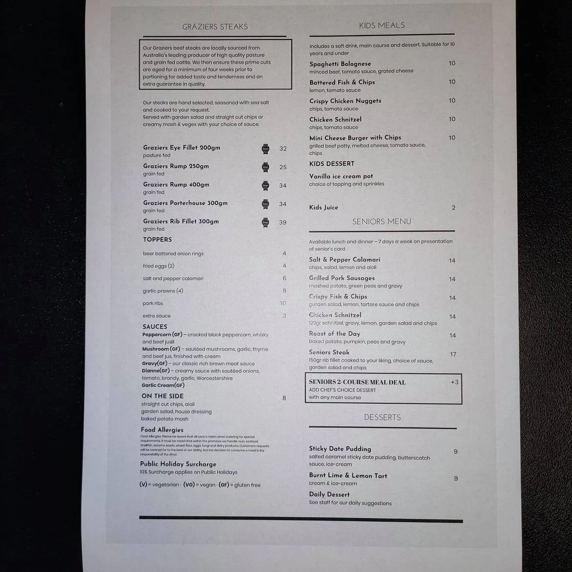 Menu, Allenstown Hotel