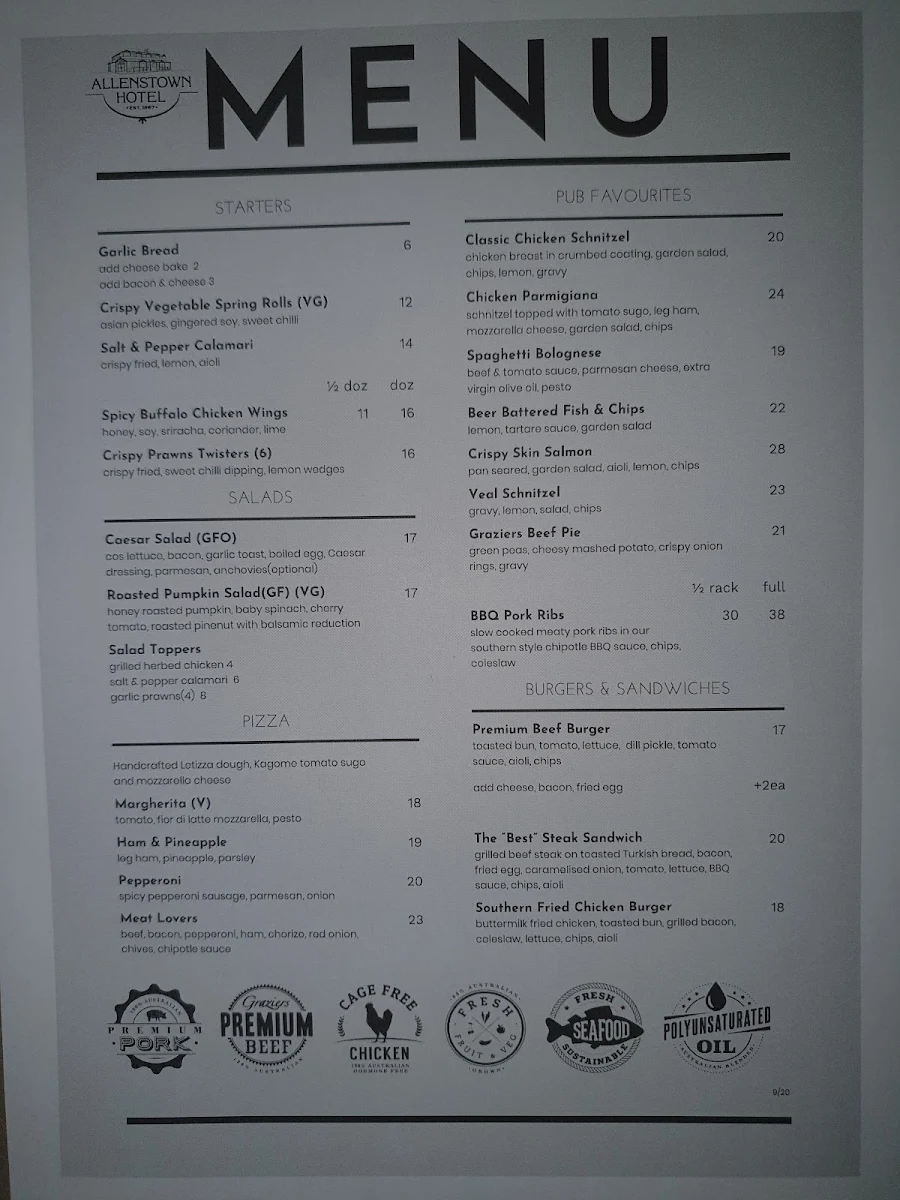 Menu, Allenstown Hotel