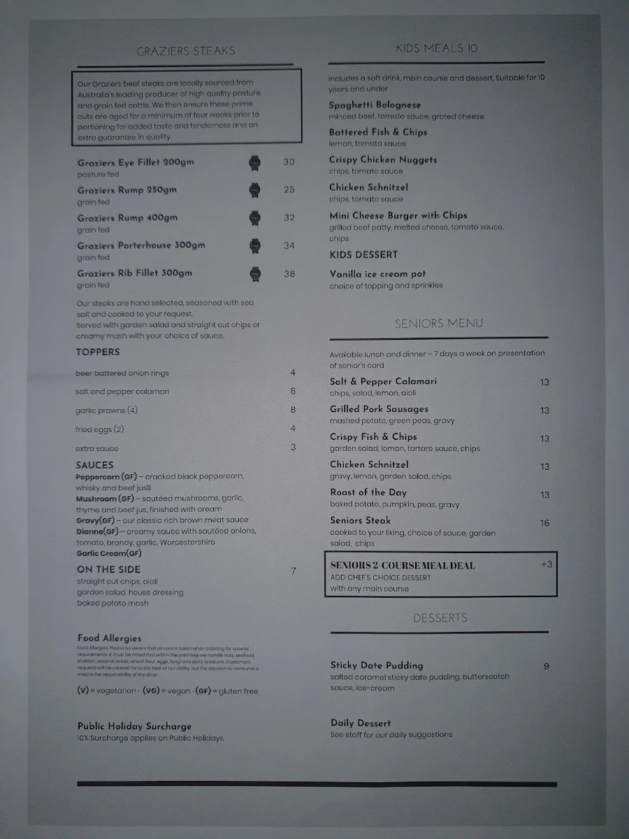 Menu, Allenstown Hotel