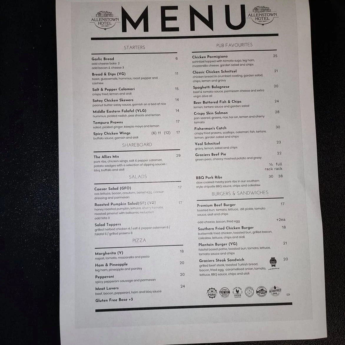 Menu, Allenstown Hotel