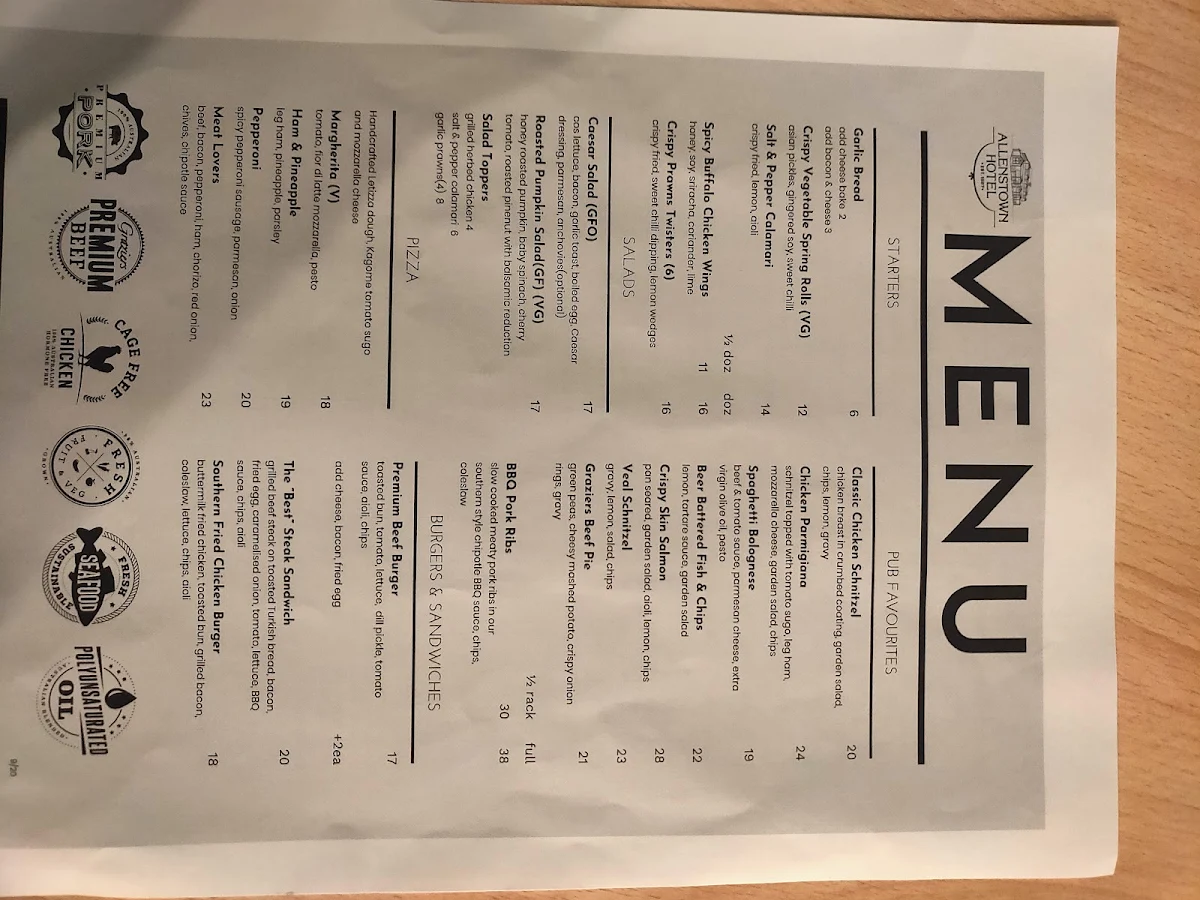 Menu, Allenstown Hotel