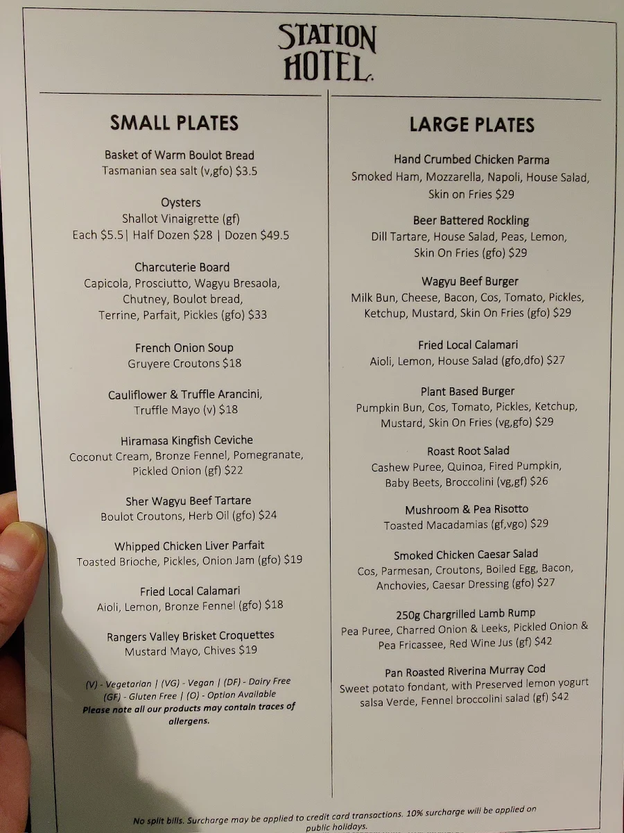 Menu, Station Hotel