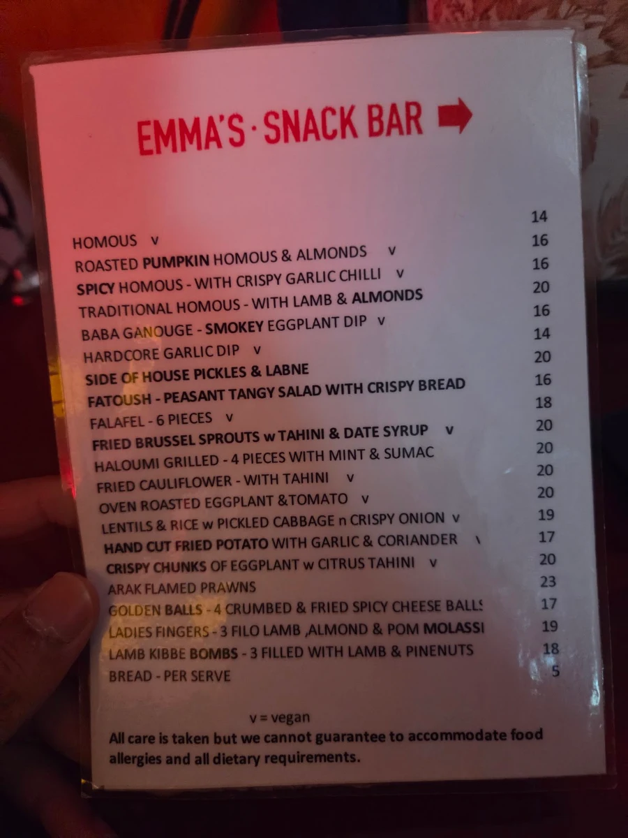 Menu, Emma's Snack Bar