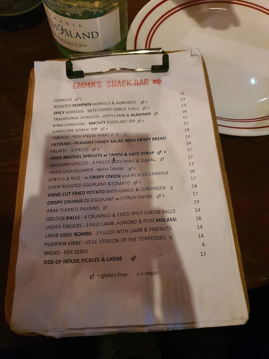 Menu, Emma's Snack Bar