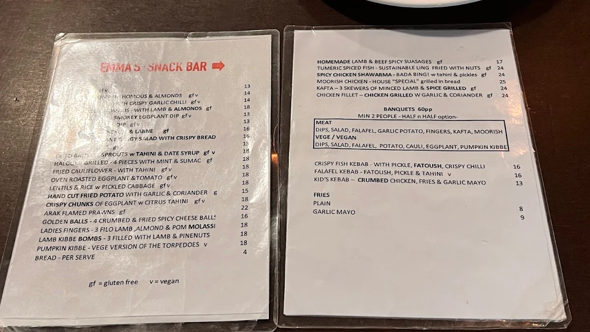 Menu, Emma's Snack Bar