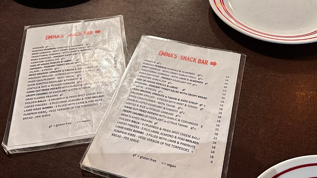 Menu, Emma's Snack Bar
