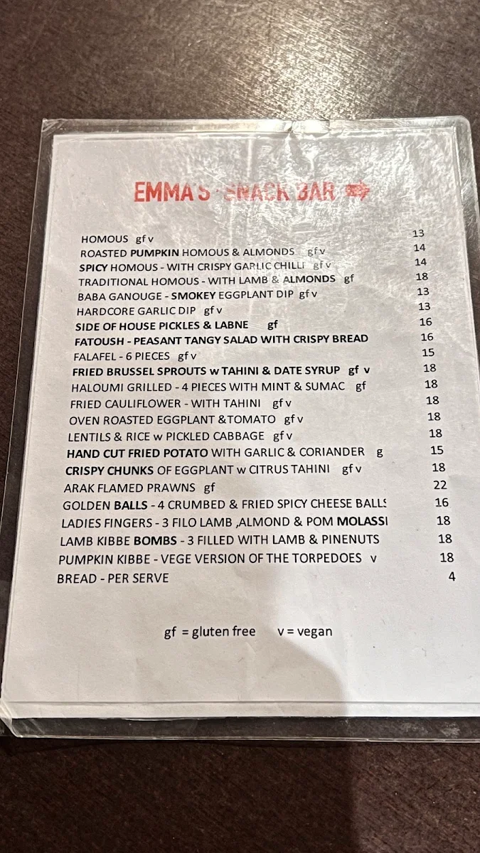 Menu, Emma's Snack Bar