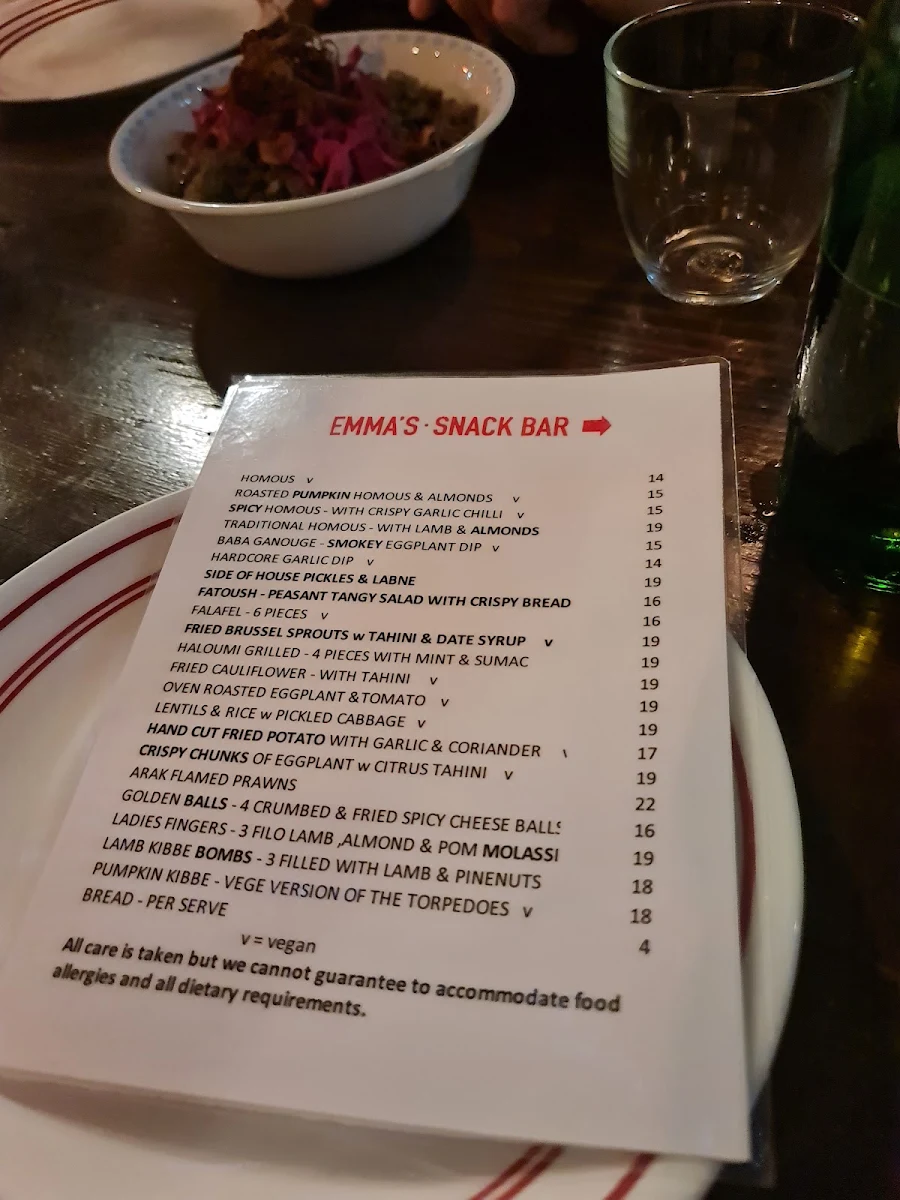 Menu, Emma's Snack Bar