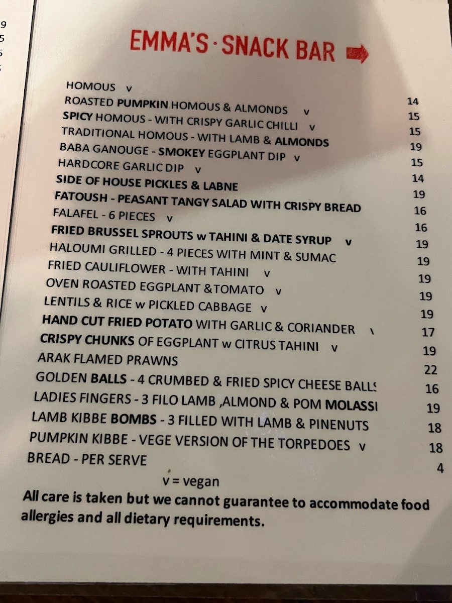 Menu, Emma's Snack Bar