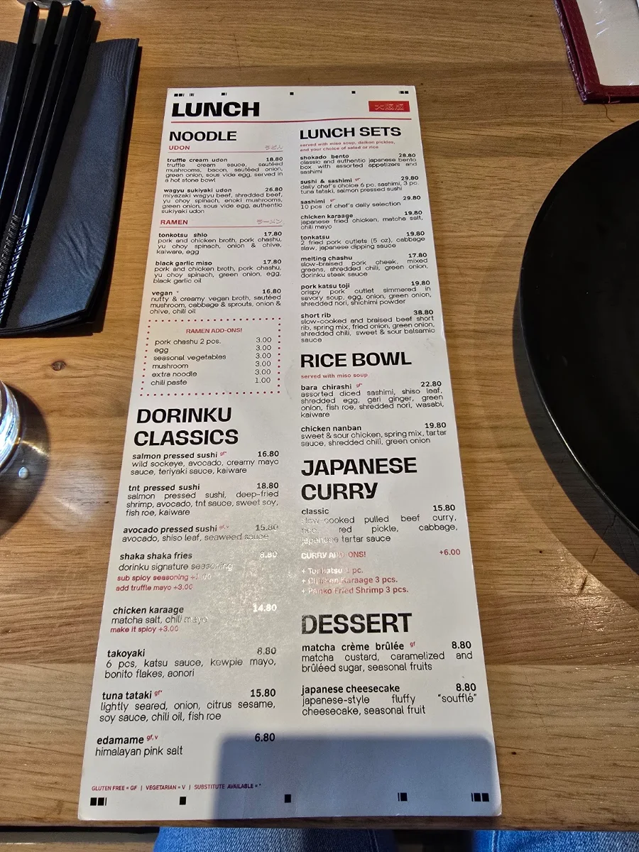 Menu, Dorinku Osaka