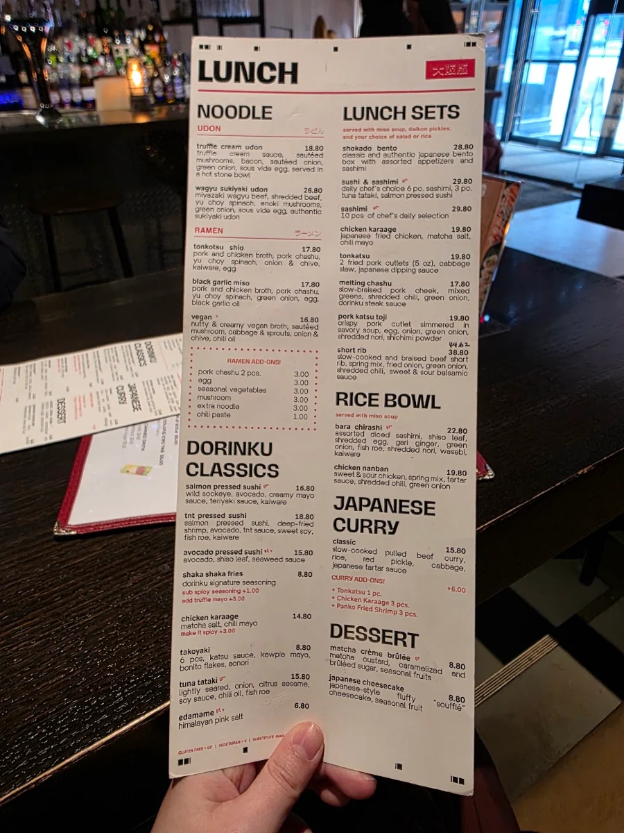 Menu, Dorinku Osaka