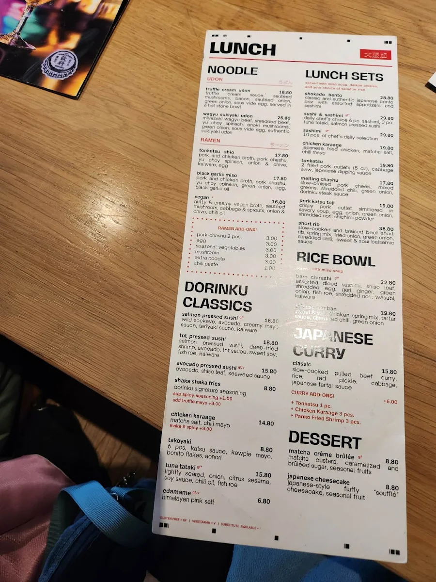 Menu, Dorinku Osaka