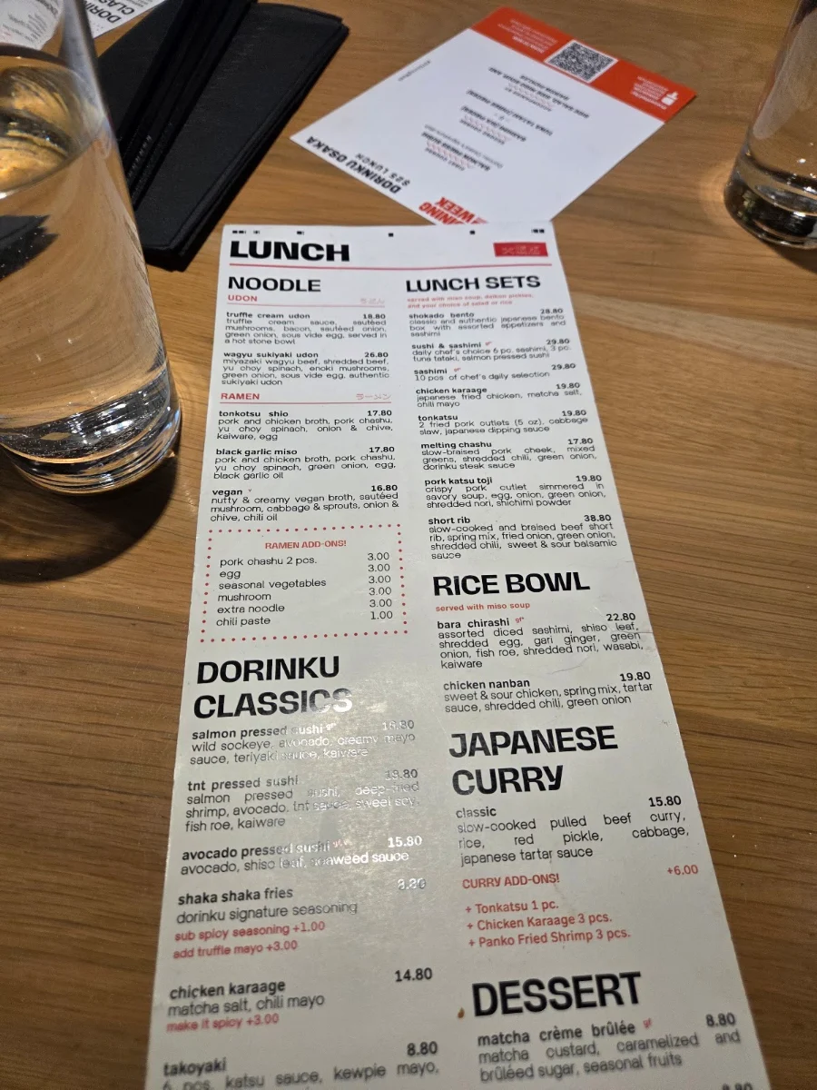 Menu, Dorinku Osaka