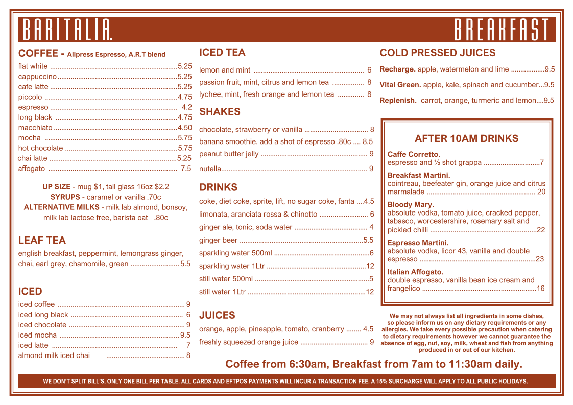 Menu, Baritalia Surfers Paradise