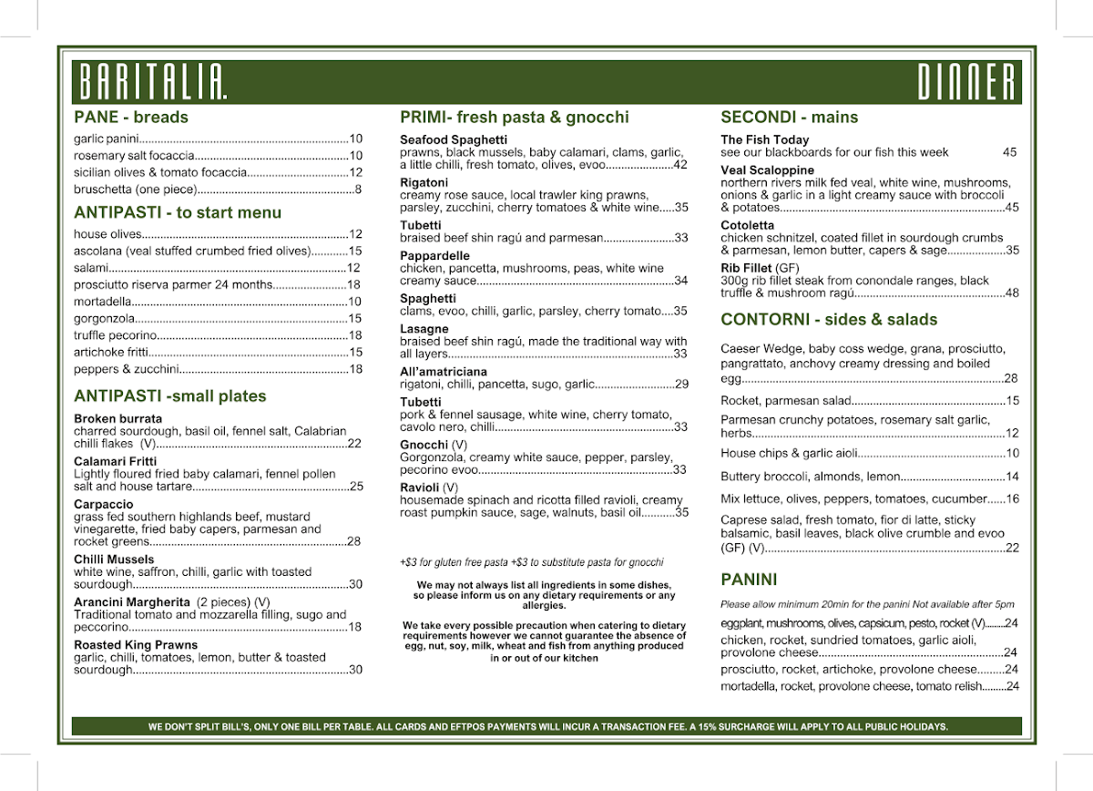 Menu, Baritalia Surfers Paradise