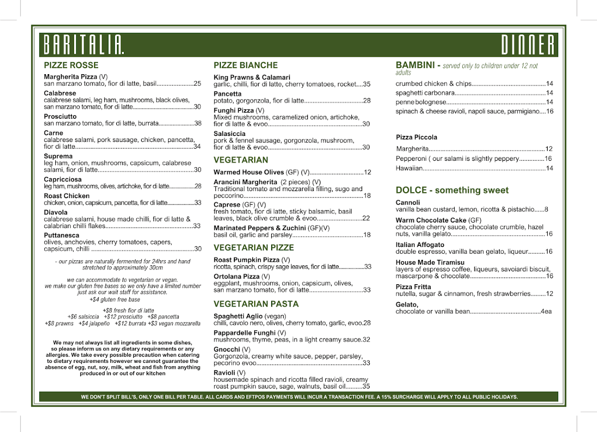 Menu, Baritalia Surfers Paradise