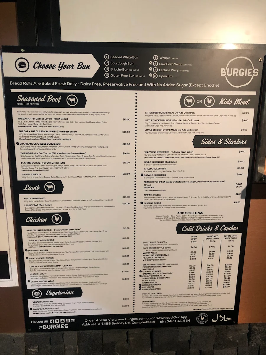 Menu, Burgies Campbellfield